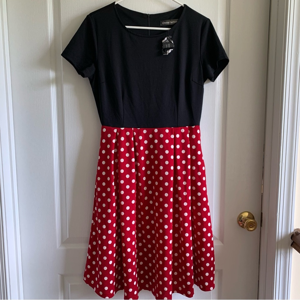 Oxiuly Fashion Black and Red Polka Dot Fit and Flare Dress